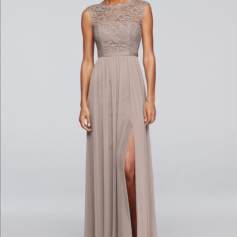 Lace bodice, floor length dress.